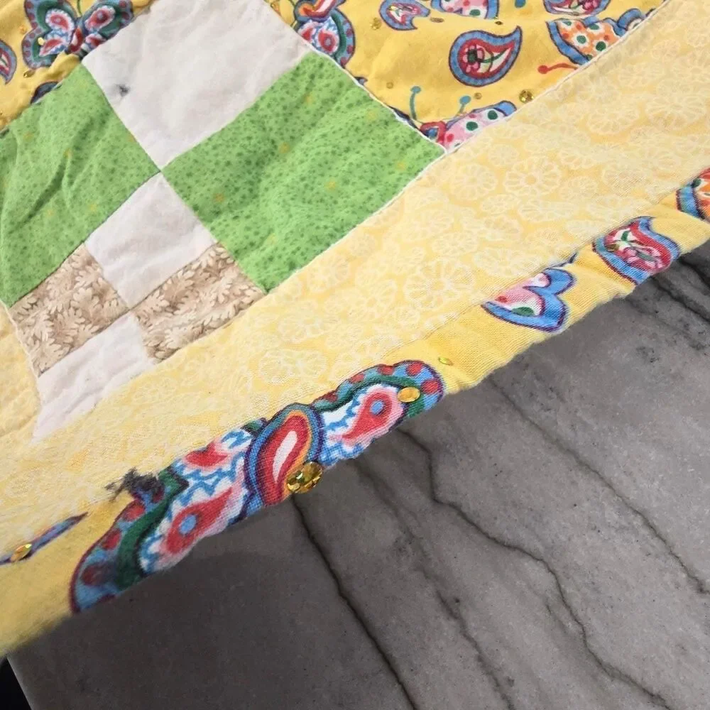 Vintage 70s 80s Handmade Baby Quilt Donald Duck Butterfly Patchwork 33x44